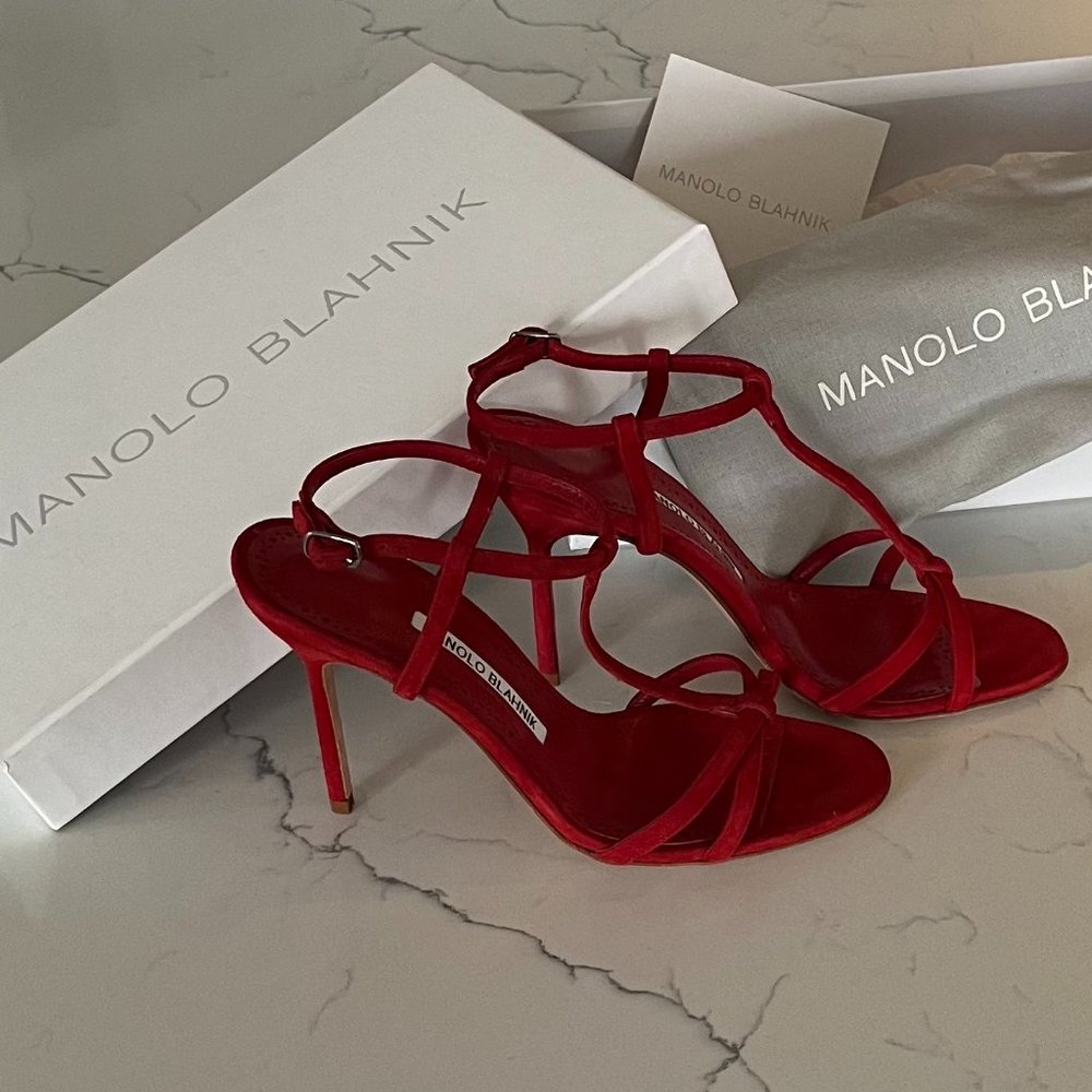 Manolo Blahnik Red Suede T-Strap Heels